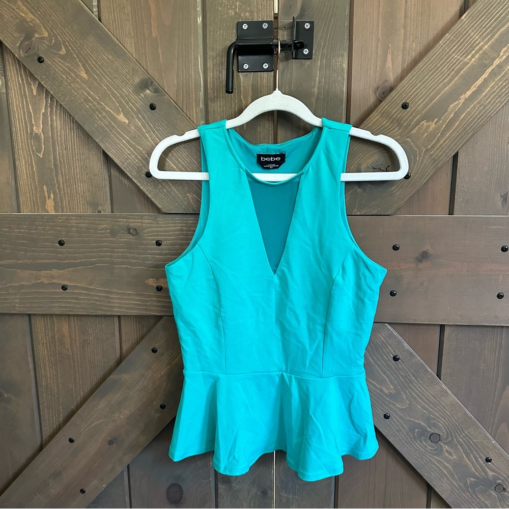 bebe Turquoise Peplum V-Neck Sleeveless Top